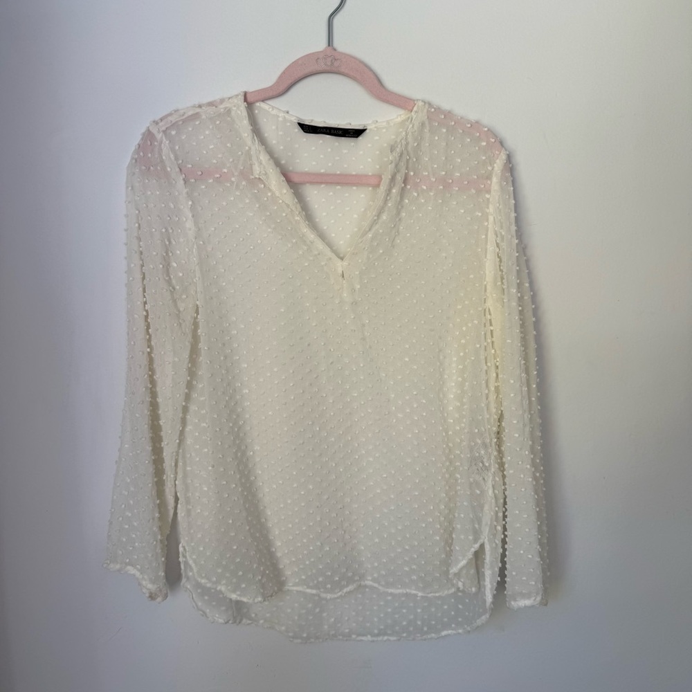 Zara Basic White Swiss Dot Blouse Size Large Sheer Long Sleeve
